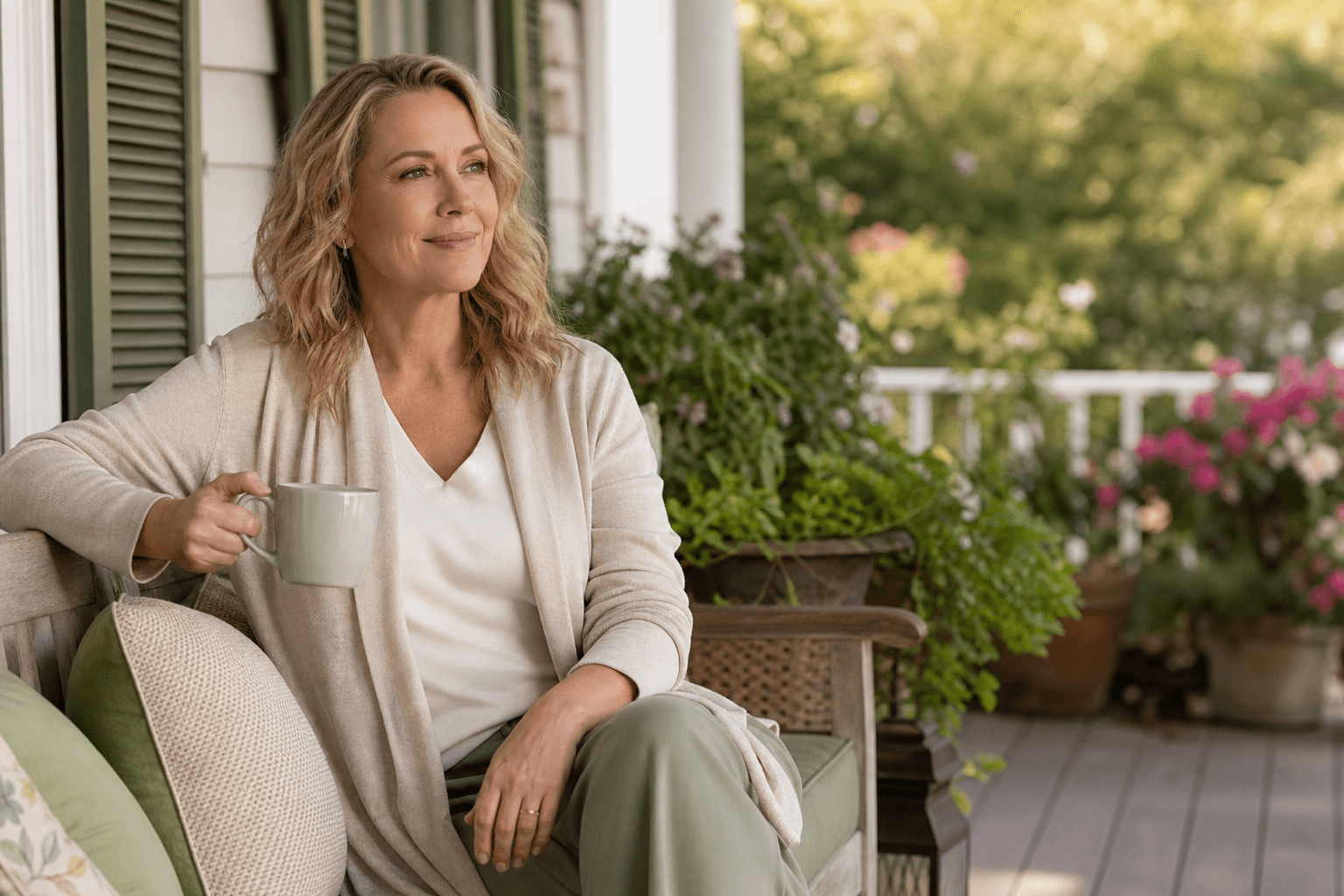 Woman relaxing comfortably on a porch after intimate wellness care planning.